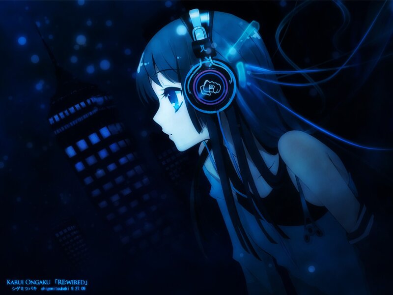 Anime Girl with Headphones — Blue, Serene, Night, Digital Art, Cityscape, Blue Light