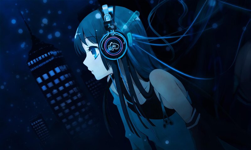 Anime Girl with Headphones — Blue, Serene, Night