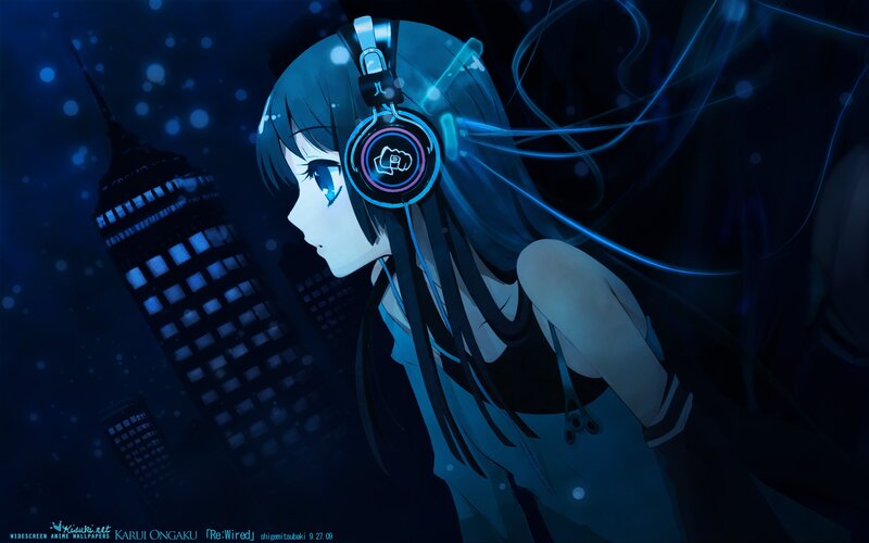 Anime Girl with Headphones — Blue, Serene, Nighttime