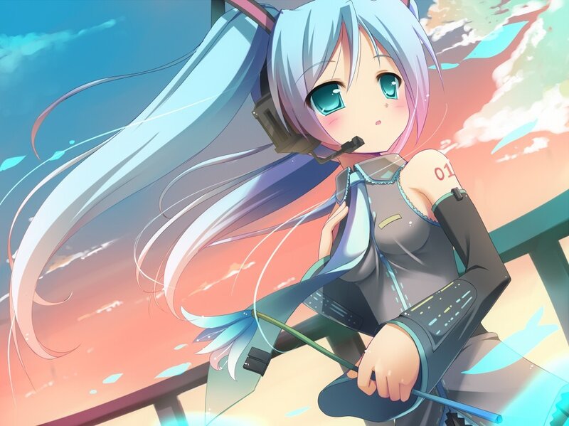 Anime Girl with Headphones — Blue, Serene, Sunset, Digital Art
