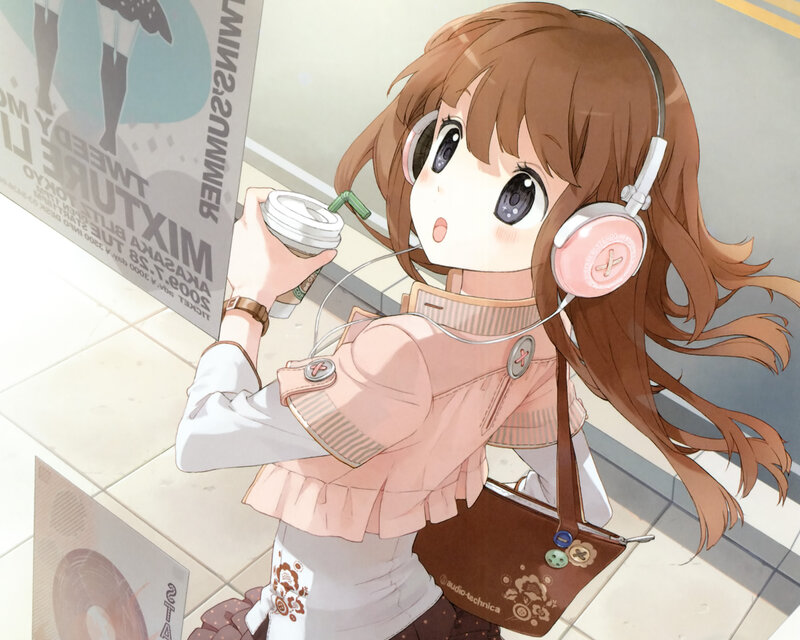 Anime Girl with Headphones — Brown, Calm, Afternoon, Coffee Cup