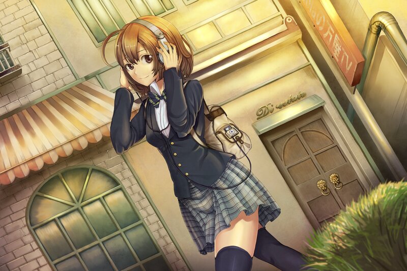 Anime Girl with Headphones — Brown, Calm, Afternoon, School Uniform, Backpack