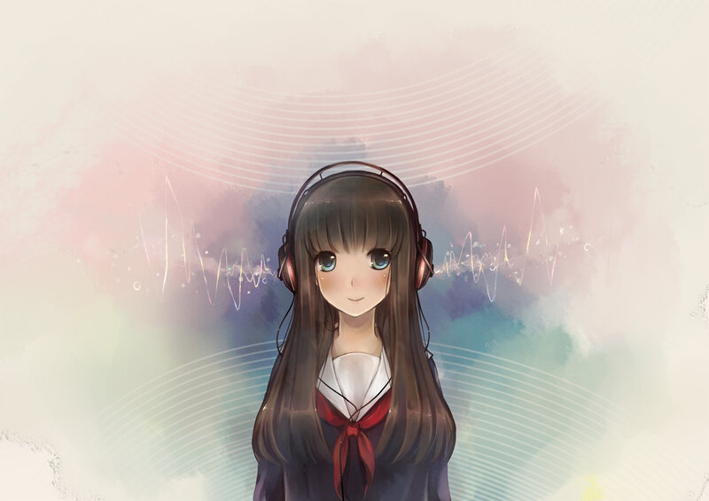 Anime Girl with Headphones — Brown, Calm, Digital Art