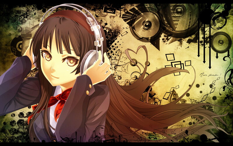 Anime Girl with Headphones — Brown, Calm, School Uniform