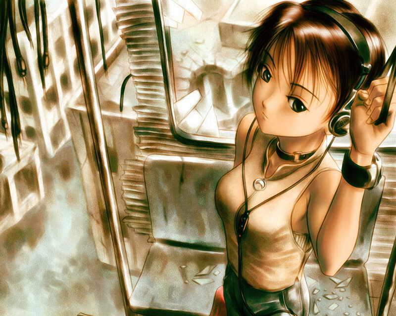 Anime Girl with Headphones — Brown, Contemplative