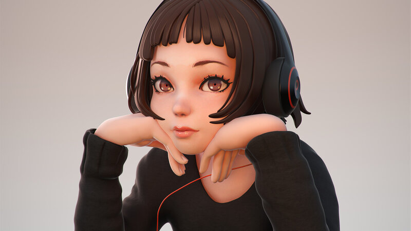 Anime Girl with Headphones — Brown, Neutral, 3d Render