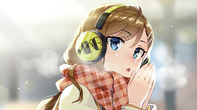 Anime Girl with Headphones — Brown, Serene, Scarf