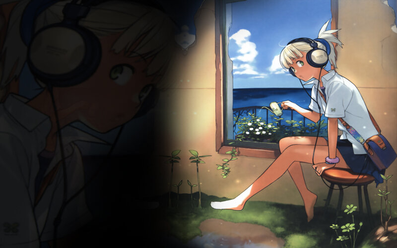 Anime girl with headphones by window