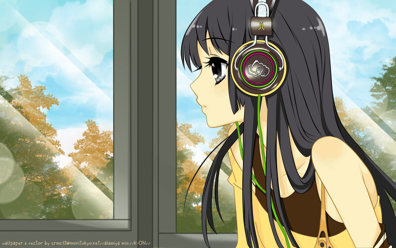 anime girl with headphones by window