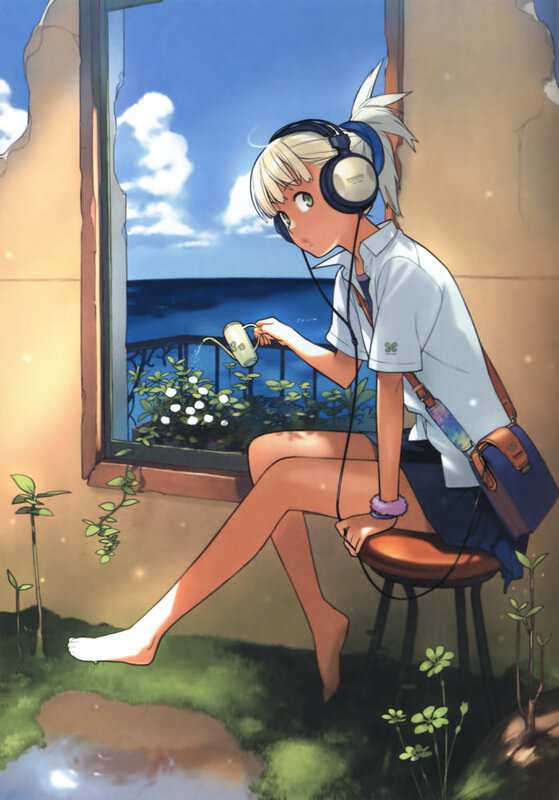 Anime girl with headphones by window
