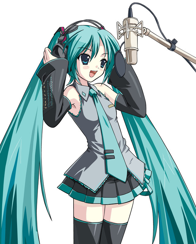 Anime Girl with Headphones — Cyan, Cheerful, Microphone, Skirt