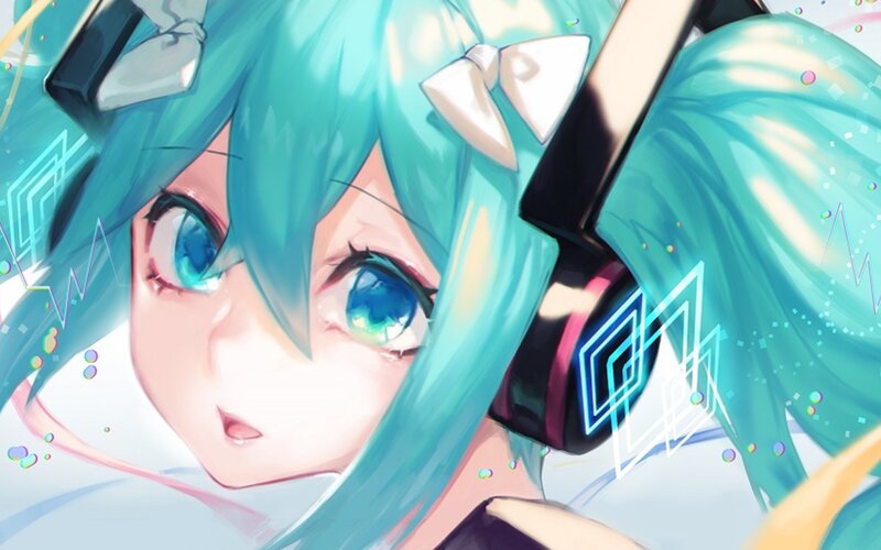Anime Girl with Headphones — Cyan, Energetic, Digital Art, Bow