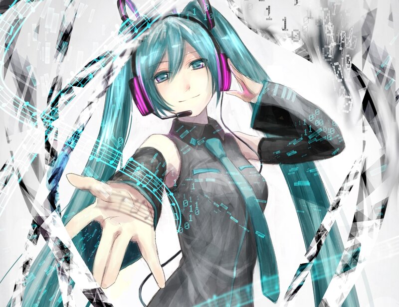Anime Girl with Headphones — Cyan, Energetic, Digital Art, Music Notes, Binary Code