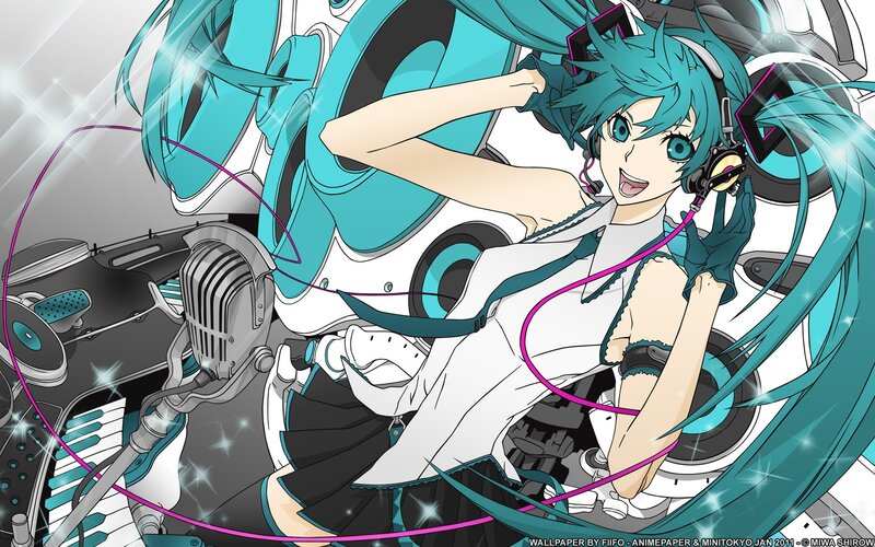 Anime Girl with Headphones — Cyan, Energetic, Microphone, Keyboard