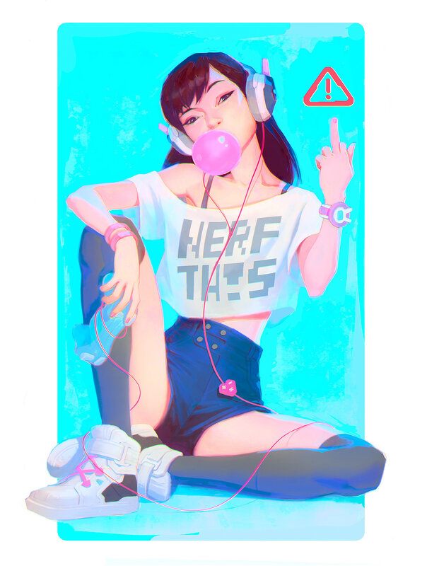 Anime Girl with Headphones — Cyan, Playful, Digital Art, Bubble Gum
