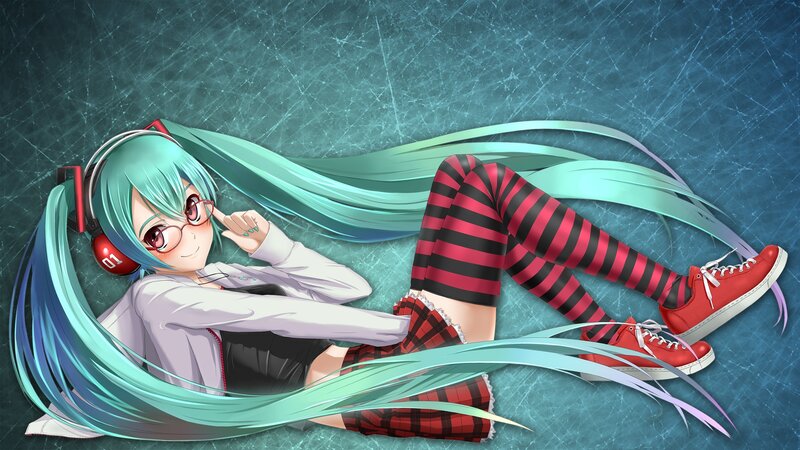 Anime Girl with Headphones — Cyan, Playful, Digital Art, Glasses, Striped Socks