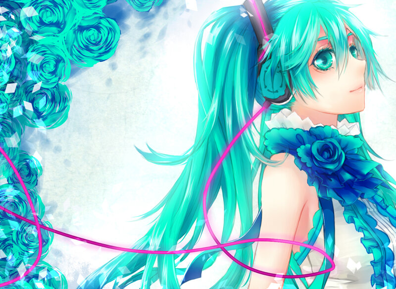 Anime Girl with Headphones — Cyan, Serene, Digital Art, Roses