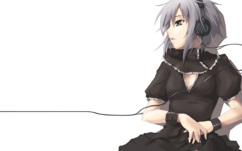 Anime Girl with Headphones — Gray, Calm, Black Dress, Silver Hair