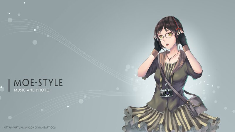 Anime Girl with Headphones — Gray, Calm, Digital Art, Camera