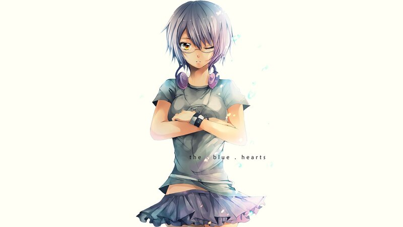 Anime Girl with Headphones — Gray, Calm, Digital Art, Glasses, Skirt
