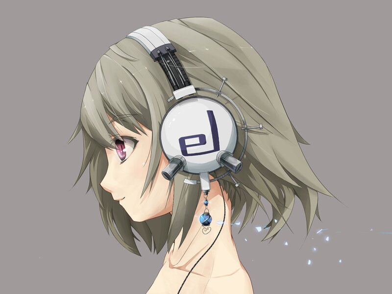 Anime Girl with Headphones — Gray, Calm, Digital Art, Long Hair, Purple Eyes