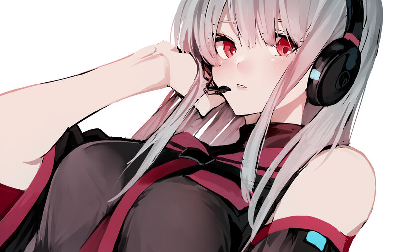 Anime Girl with Headphones — Gray, Calm, Digital Art, Microphone
