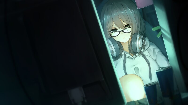 Anime Girl with Headphones — Gray, Calm, Night