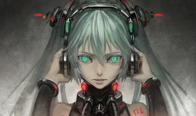 Anime Girl with Headphones — Gray, Dramatic, Digital Art