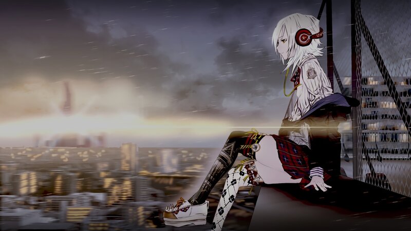 Anime Girl with Headphones — Gray, Dramatic, Night