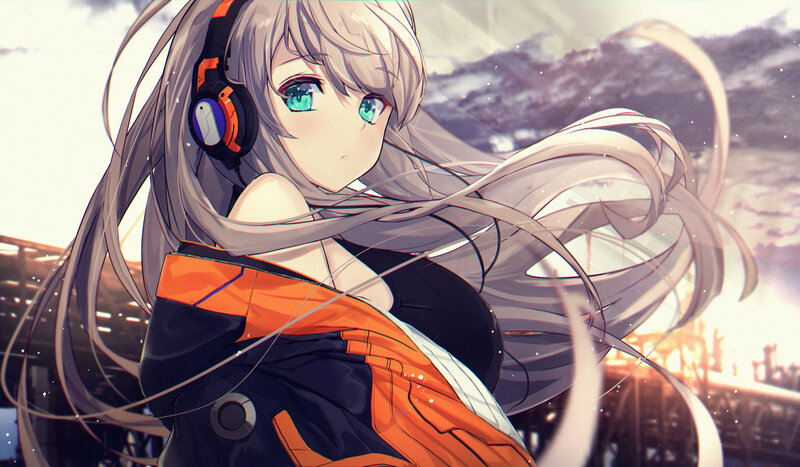 Anime Girl with Headphones — Gray, Dramatic, Sunset