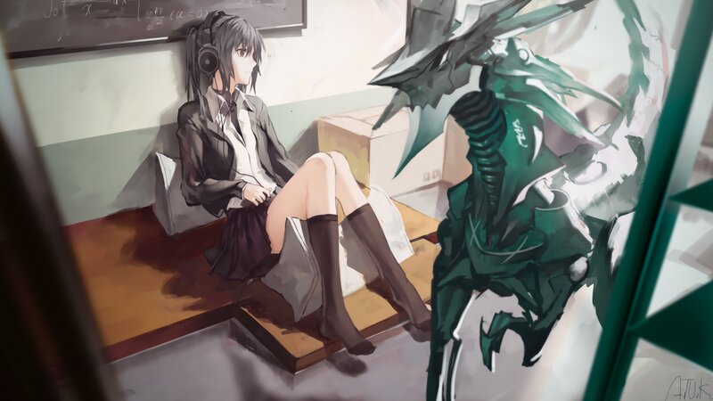 Anime Girl with Headphones — Green, Calm, Digital Art, Robot