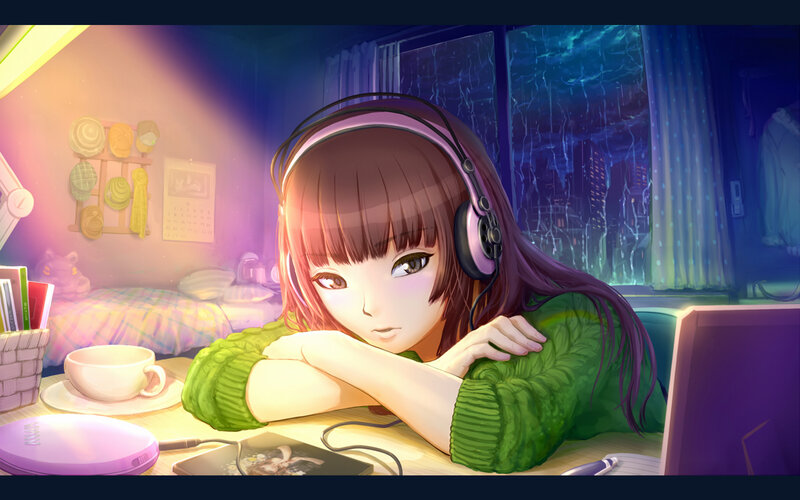 Anime Girl with Headphones — Green, Calm, Night