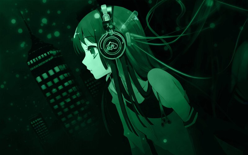 Anime Girl with Headphones — Green, Dark, Night