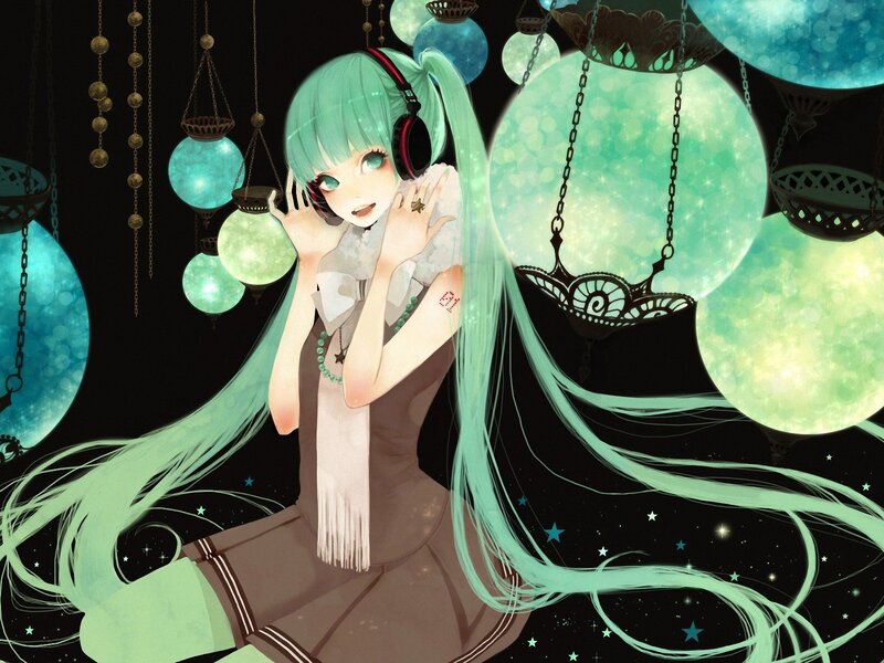 Anime Girl with Headphones — Green, Dreamy, Night
