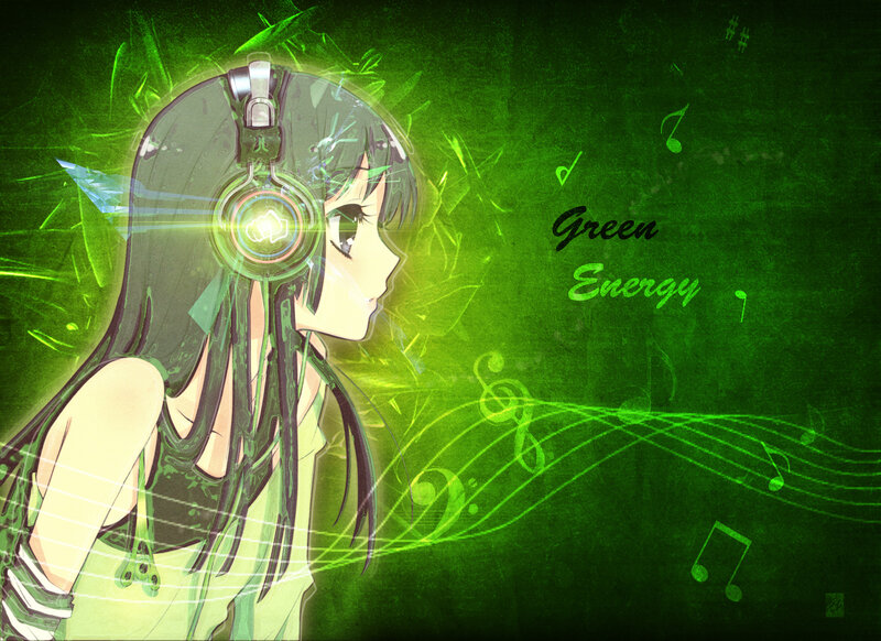 Anime Girl with Headphones — Green, Energetic, Digital Art