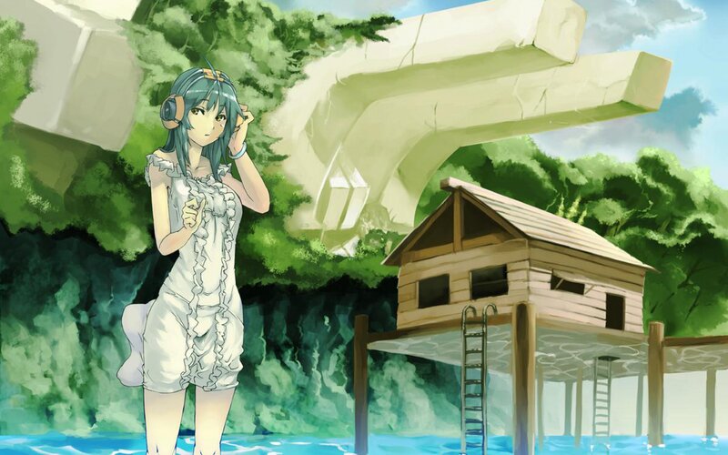 Anime Girl with Headphones — Green, Serene, Afternoon, Digital Art, Wooden House