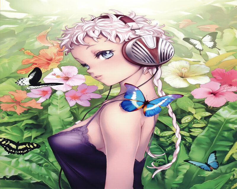 Anime Girl with Headphones — Green, Serene, Afternoon