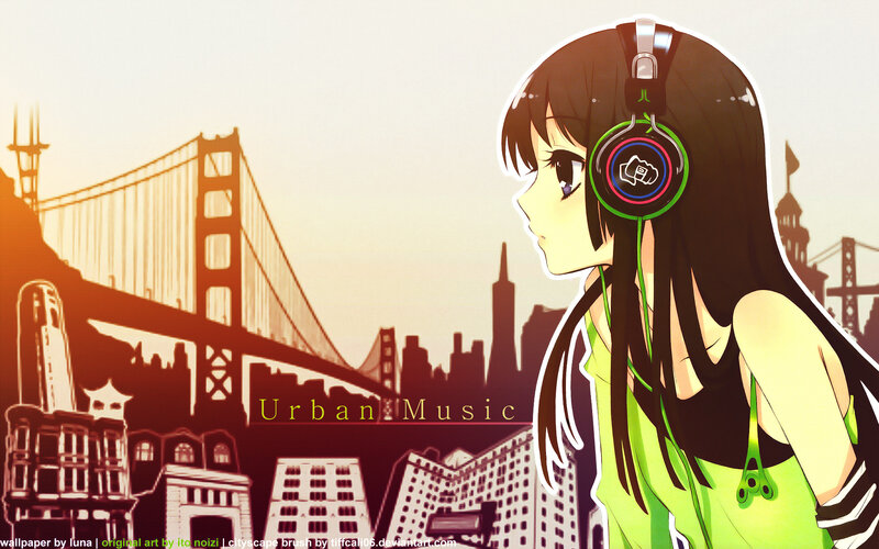 Anime girl with headphones in city
