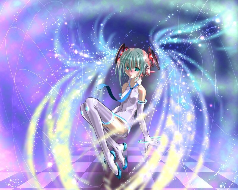anime girl with headphones in space