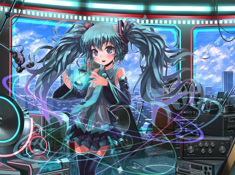 anime girl with headphones in studio