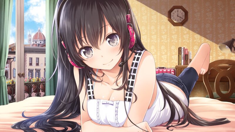 anime girl with headphones on bed