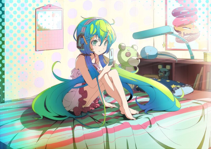 Anime girl with headphones on bed