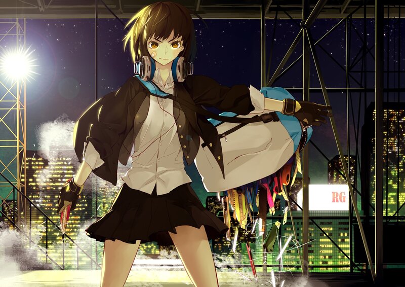 Anime girl with headphones on rooftop