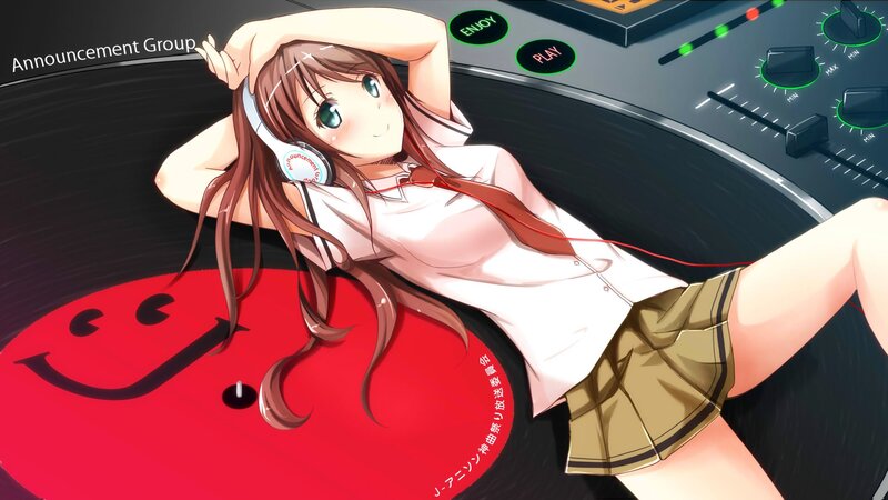 Anime girl with headphones on turntable