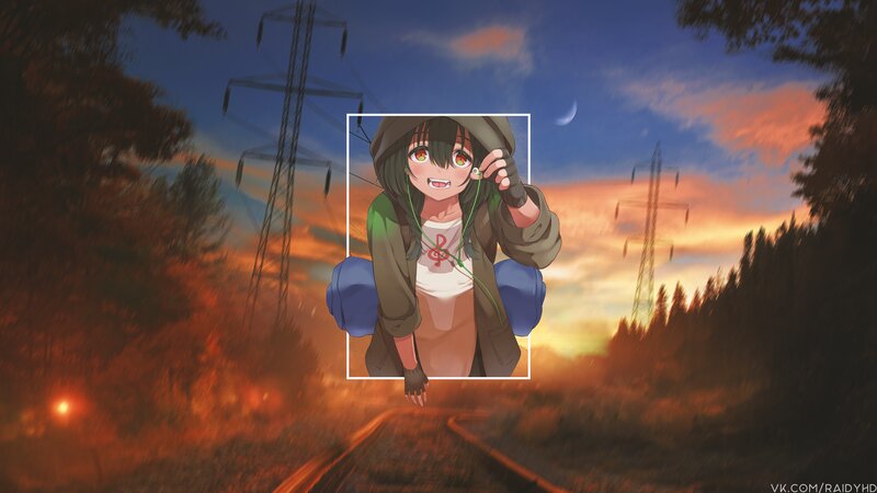 Anime Girl with Headphones — Orange, Dramatic, Sunset, Digital Art, Railroad Tracks