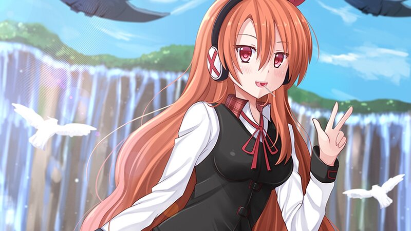 Anime Girl with Headphones — Orange, Serene, Afternoon, Peace Sign