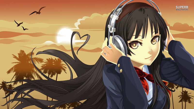 Anime Girl with Headphones — Orange, Serene, Sunset