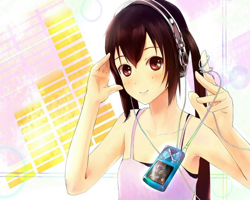 Anime Girl with Headphones — Pink, Calm, Mp3 Player