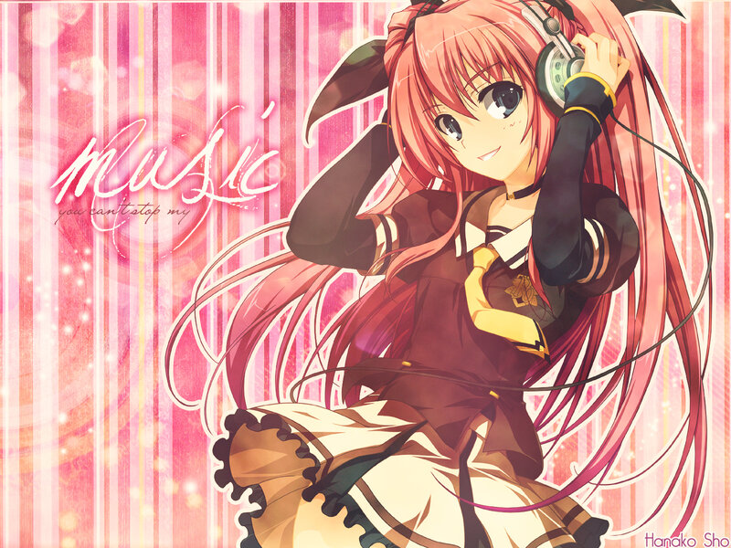 Anime Girl with Headphones — Pink, Cheerful, School Uniform