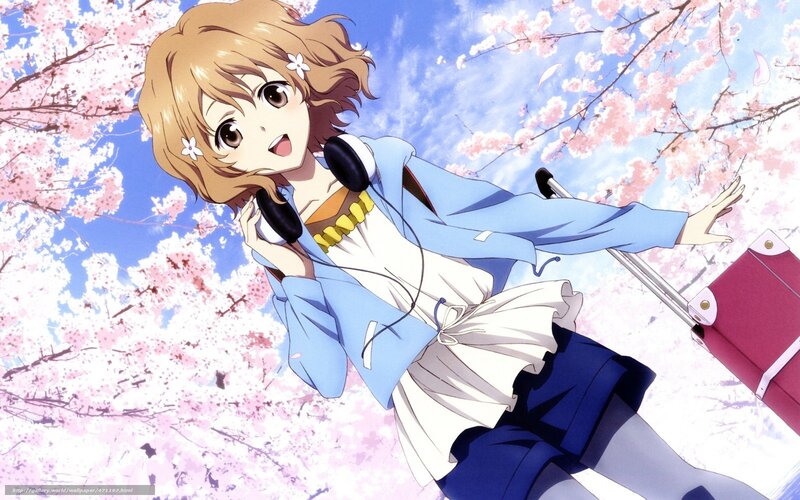 Anime Girl with Headphones — Pink, Cheerful, Spring, Cherry Blossoms, Suitcase